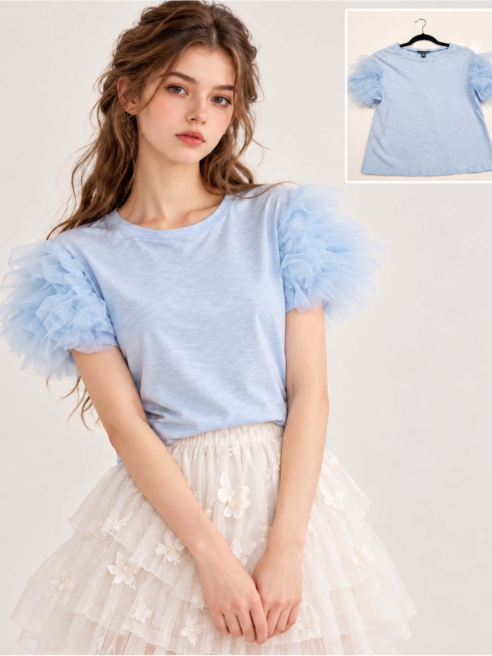 Lea & Viola Light Blue Tulle Puff-Sleeve Top Fairycore Ballet Coquette